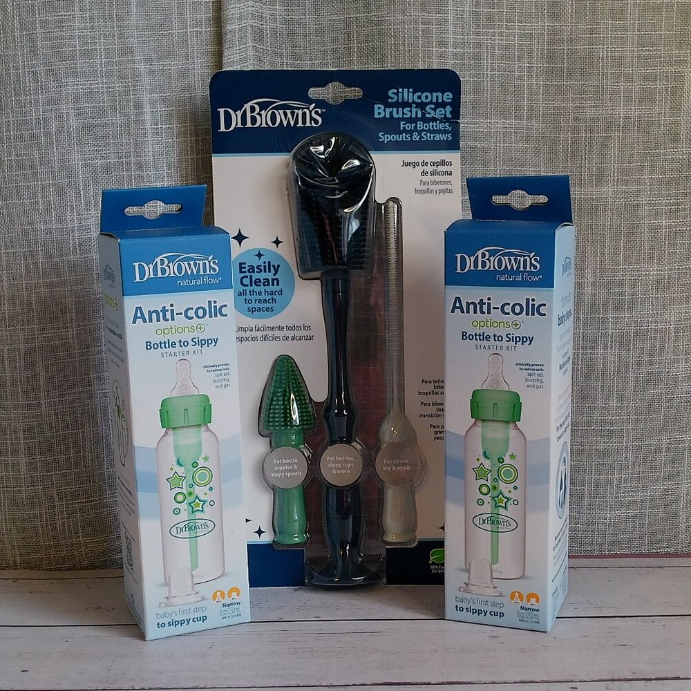 2 Dr Brown's Anti-Colic Baby Bottles & Silicone Brush Set